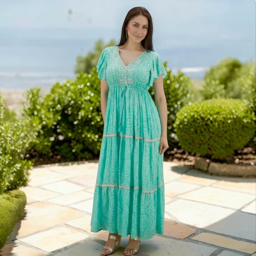 NWT Sea Green Ananta Dress With Metallic Threading  & Sequins Made In India S/M